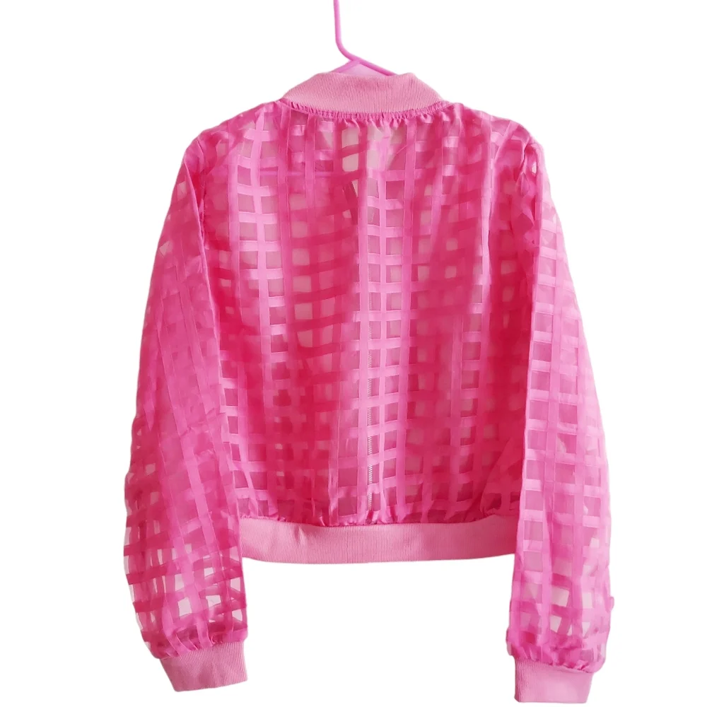 Pink Mesh Windowpane Bomber Jacket - Picture 2 of 7